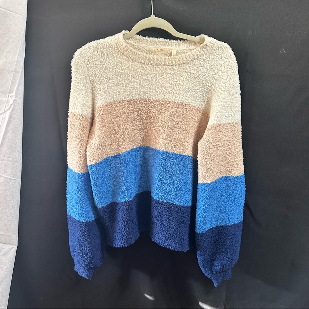 Harper Cream, Beige & Blue Colorblock Fuzzy Crew Sweater